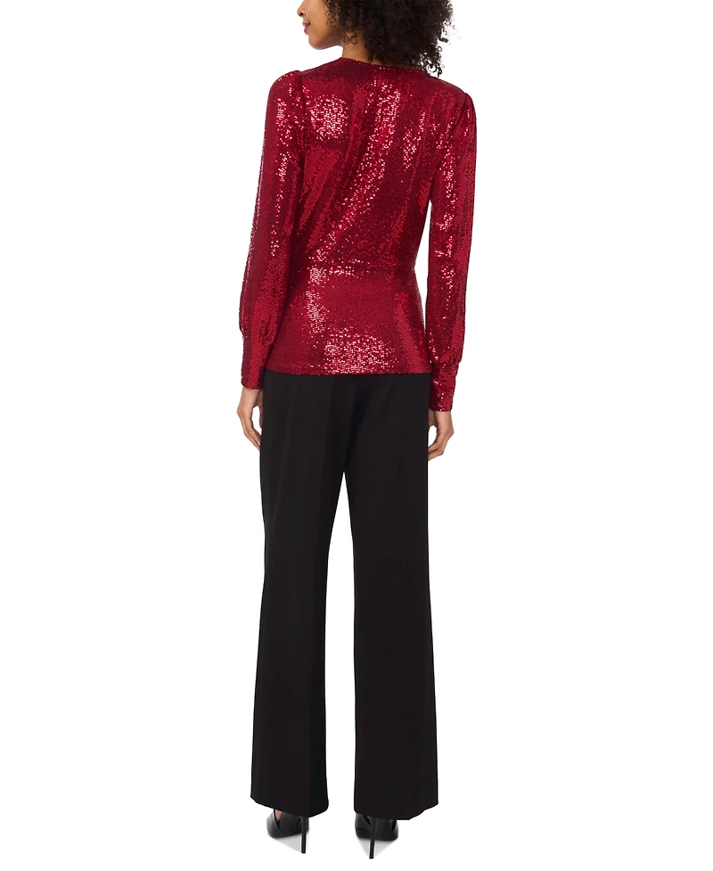 Vince Camuto Women's Sequined Faux-Wrap Long-Sleeve Top