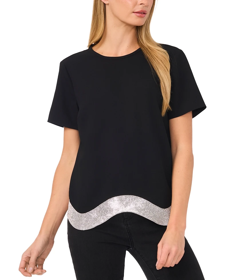 CeCe Women's Rhinestone Wavy Hem Short-Sleeve Blouse