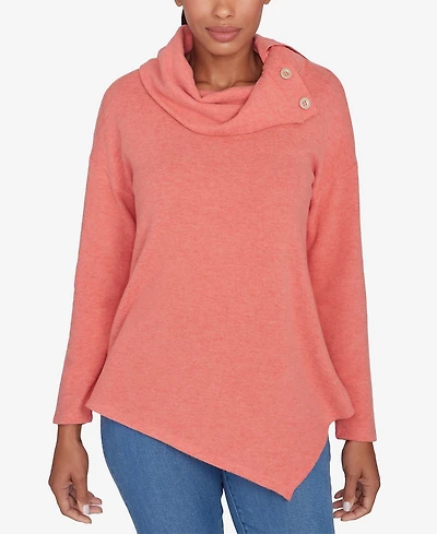 Ruby Rd. Petite Cowl Split Neck Solid Hatchi Knit Top with Asymmetric Hem