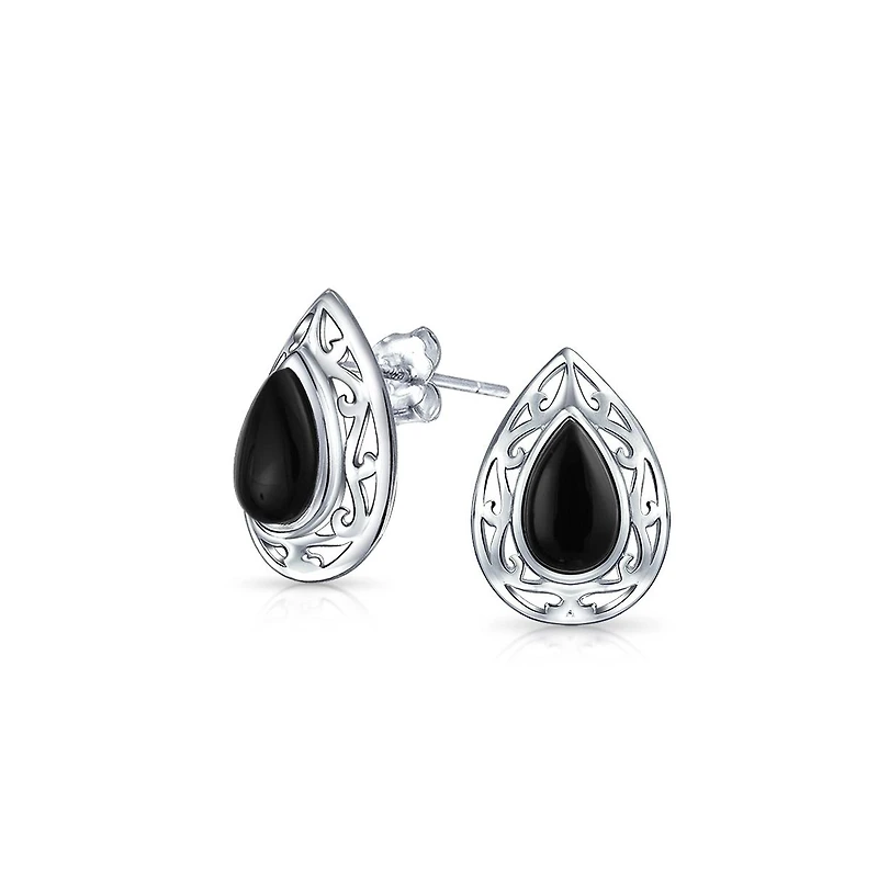 Bling Jewelry Bali Style Dyed Black Onyx Pear Shape Filigree Setting Teardrop Stud Earrings .925 Sterling Silver 15MM