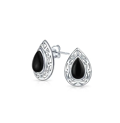 Bling Jewelry Bali Style Dyed Black Onyx Pear Shape Filigree Setting Teardrop Stud Earrings .925 Sterling Silver 15MM