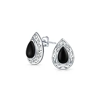 Bling Jewelry Bali Style Dyed Black Onyx Pear Shape Filigree Setting Teardrop Stud Earrings .925 Sterling Silver 15MM