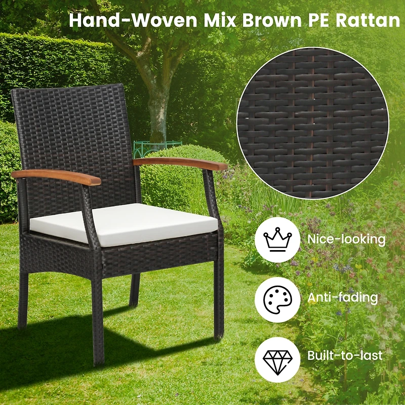 Costway 9 Pcs Patio Rattan Dining Set with Acacia Wood Table, Cushions, 1.9" Umbrella Hole