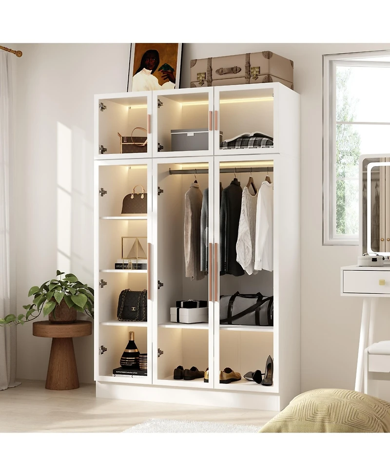 Famapy White Glass Doors Armoires Metal Frame Wardwore with Led Lights