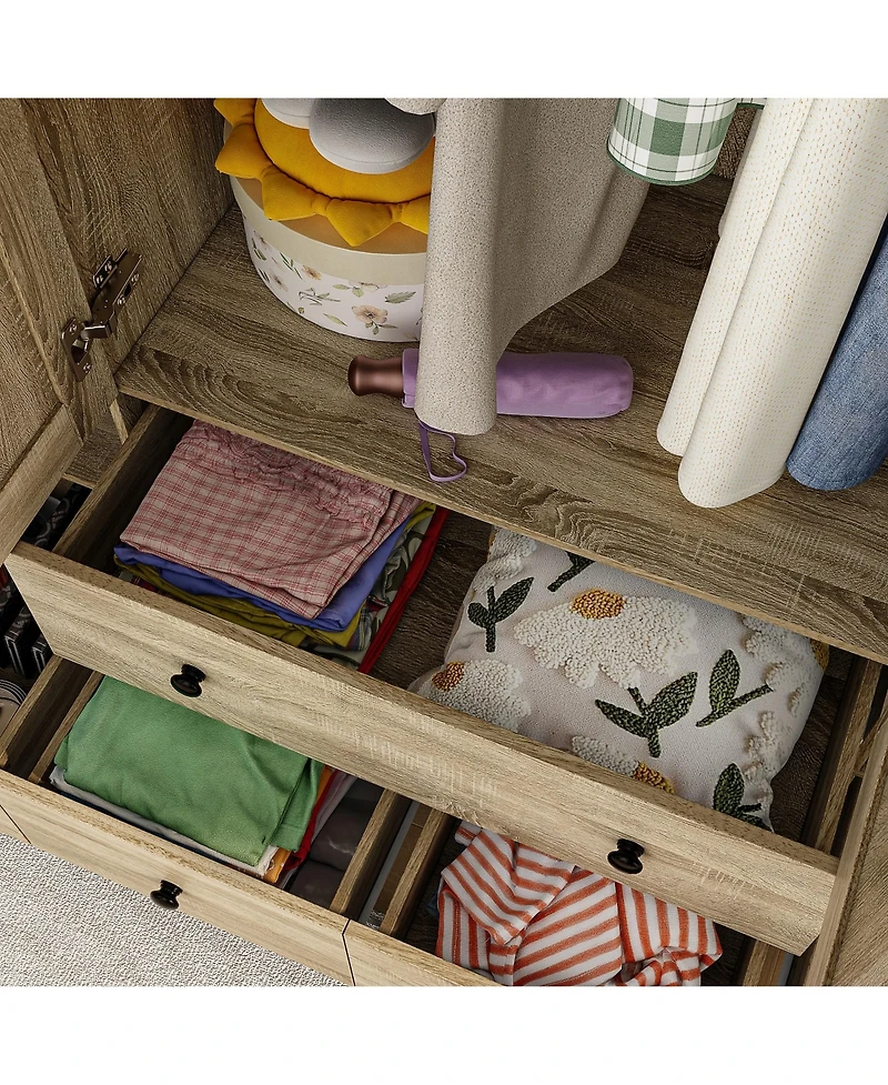 Homsee Brown Wood Grain Rattan Doors Design Armoires Wardrobe with 5-Drawers