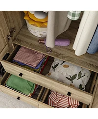 Homsee Brown Wood Grain Rattan Doors Design Armoires Wardrobe with 5-Drawers