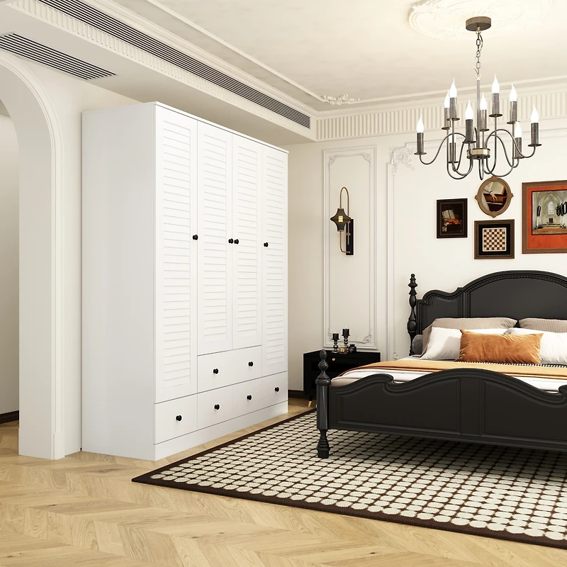 Homsee Brown Wood 4 Shutter Doors Armoires Wardrobe with Drawers, Hanging Rod