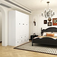 Homsee Brown Wood 4 Shutter Doors Armoires Wardrobe with Drawers, Hanging Rod