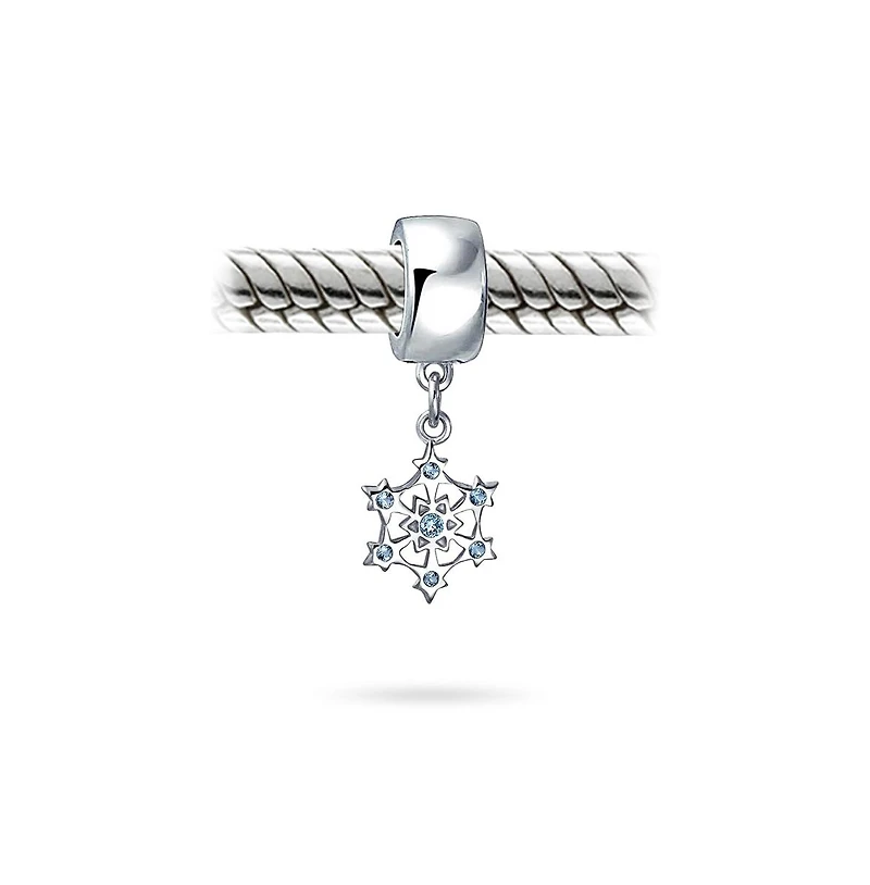 Bling Jewelry Frozen Winter Holiday Party Aqua Ice Blue Cz Christmas Snowflake Charm Bead .925 Sterling Silver For European Bracelet