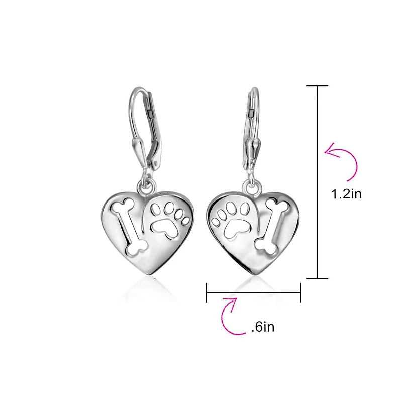 Bling Jewelry I Love My Dog Heart Shape Cut Out Puppy Pet Bone Animal Lover Paw Print Drop Dangle Lever back Earrings For Women Rose Gold Plated .925