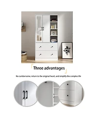 Famapy White Wood Armoires Wardrobe With Mirror, Pulling Hanging Rod, Drawers