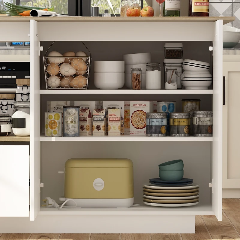 Kitchen island with 2 doors, 1 drawer, island storage table with dining table, coffee station and microwave rack for home and dining room, white
