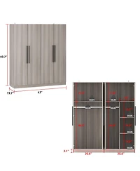 Famapy Grey Wood 4-Door Wardrobe Armoires with Hanging Rod and Storage Shelves