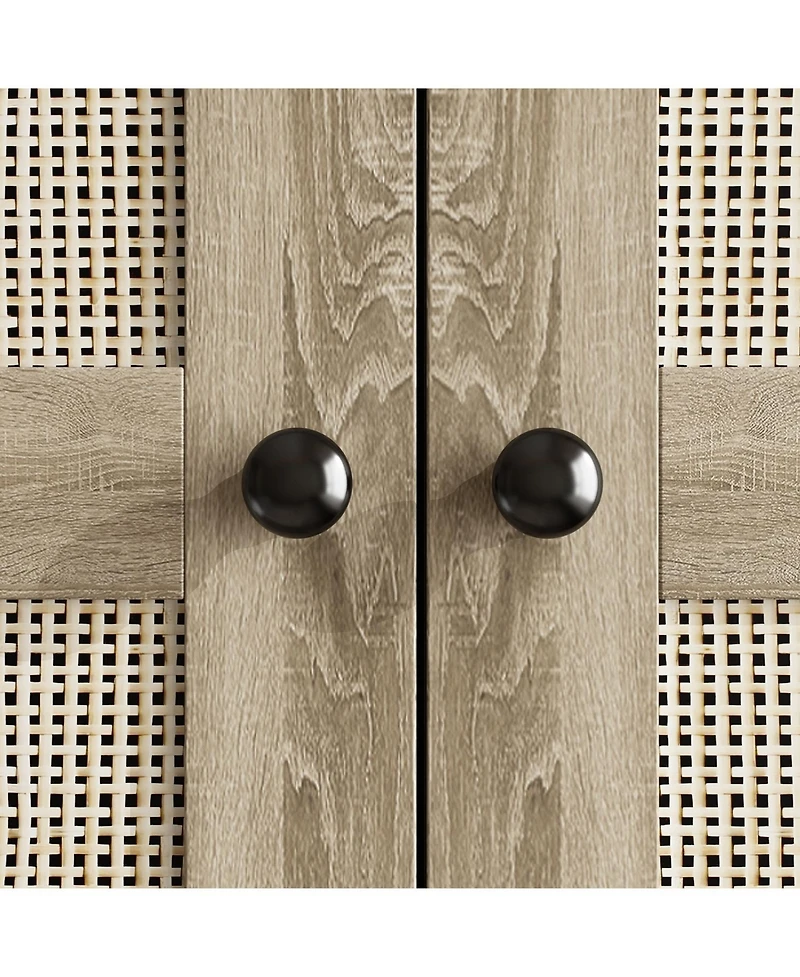 Famapy Brown Rattan Doors Wardrobe with 3-Drawers,Hanging Rod,Top Cabinet