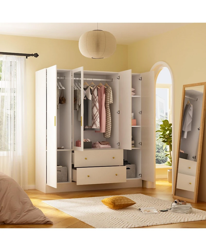 Famapy White 4-Door Armoires with Mirror, 2 Hanging Rods, 2-Drawers