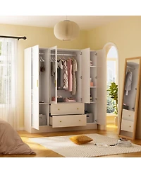 Famapy White 4-Door Armoires with Mirror, 2 Hanging Rods, 2-Drawers
