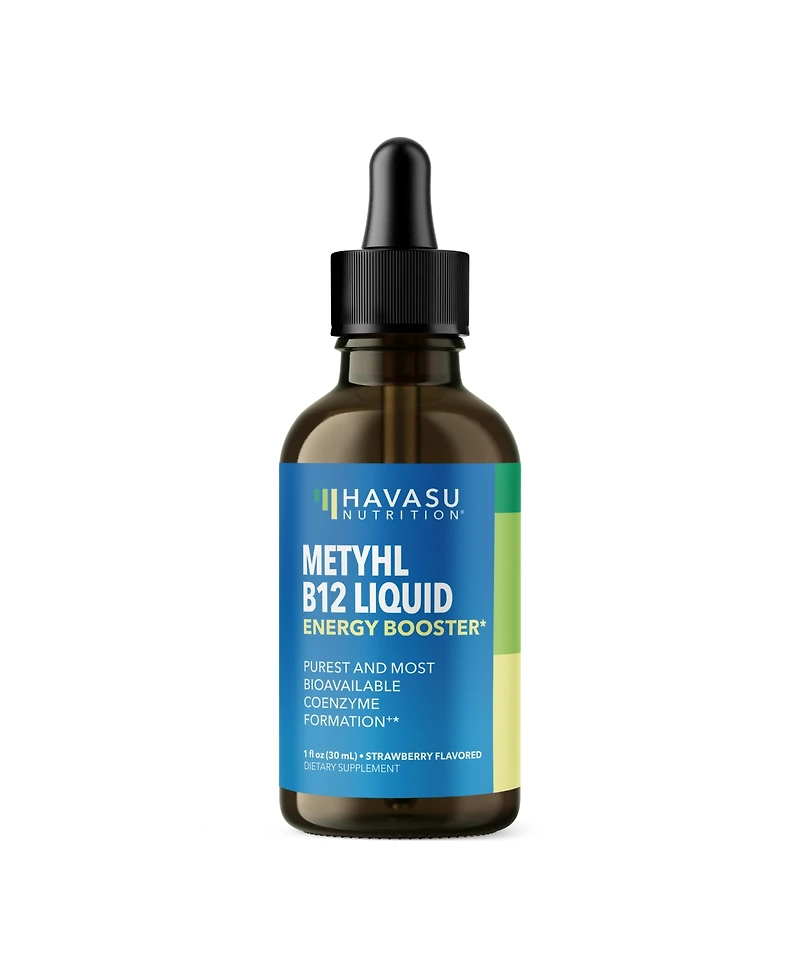 Methyl B12 Energy Booster Liquid Drops, Vitamin Energy Boost, B12 Bioavailable Form for B12 Pathway, Strawberry Flavored, Havasu Nutrition, 1 fl oz