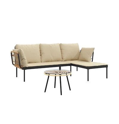 vidaXL 3 Piece Patio Lounge Set with Beige Cushions Poly Rattan