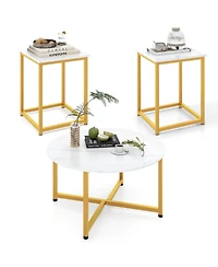 Gymax Round Nesting Table Set of 3 Modern/Farmhouse Coffee w/2 End Tables Walnut & Black