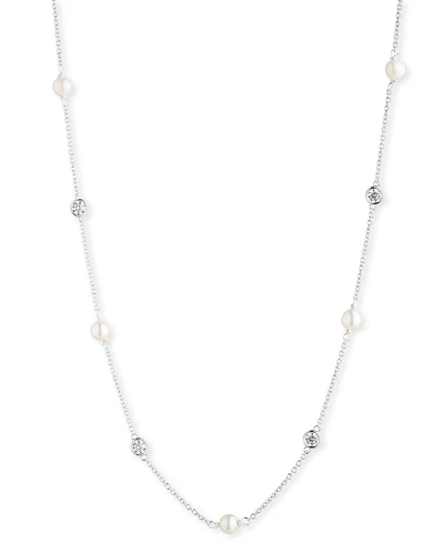 Lauren Ralph Lauren Sterling Silver Cubic Zirconia & Freshwater Pearl Station Necklace, 18" + 3" extender