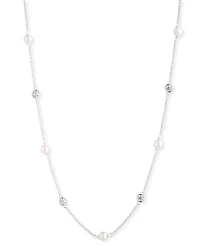 Lauren Ralph Lauren Sterling Silver Cubic Zirconia & Freshwater Pearl Station Necklace, 18" + 3" extender