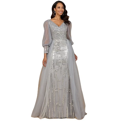 Lara Women's Long Sleeve Lace Gown with Removable Over Skirt