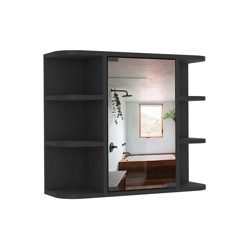 Roma Mirrored Medicine Cabinet, Six External Shelves, Three Interior Shelves, Black