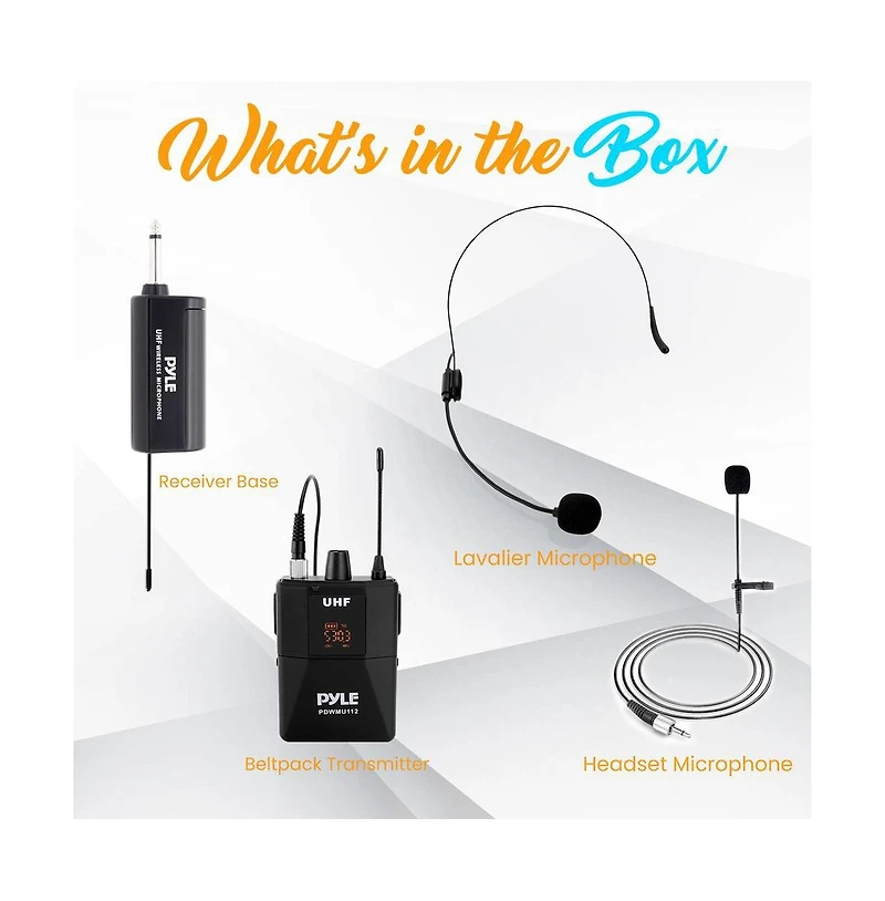 Pyle Uhf Wireless Microphone System Kit, Includes Headset Mic, Lavalier Mic & Beltpack Transmitter