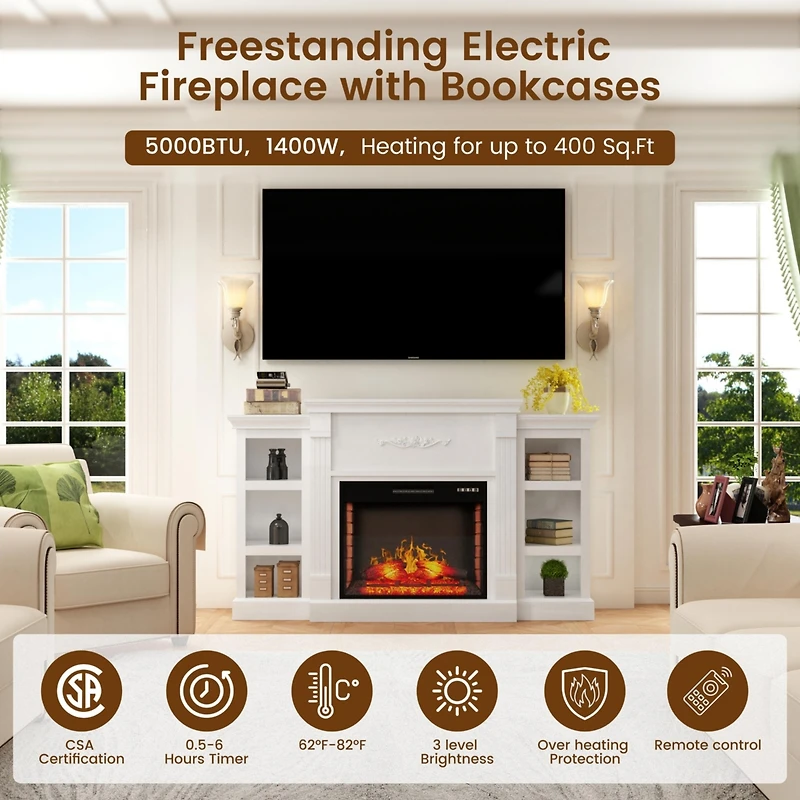 Mondawe 70" Tv Stand with 28" Fireplace - 99lb Top, Remote, 4 Flame, 5000 Btu Heat, Timer & Safety