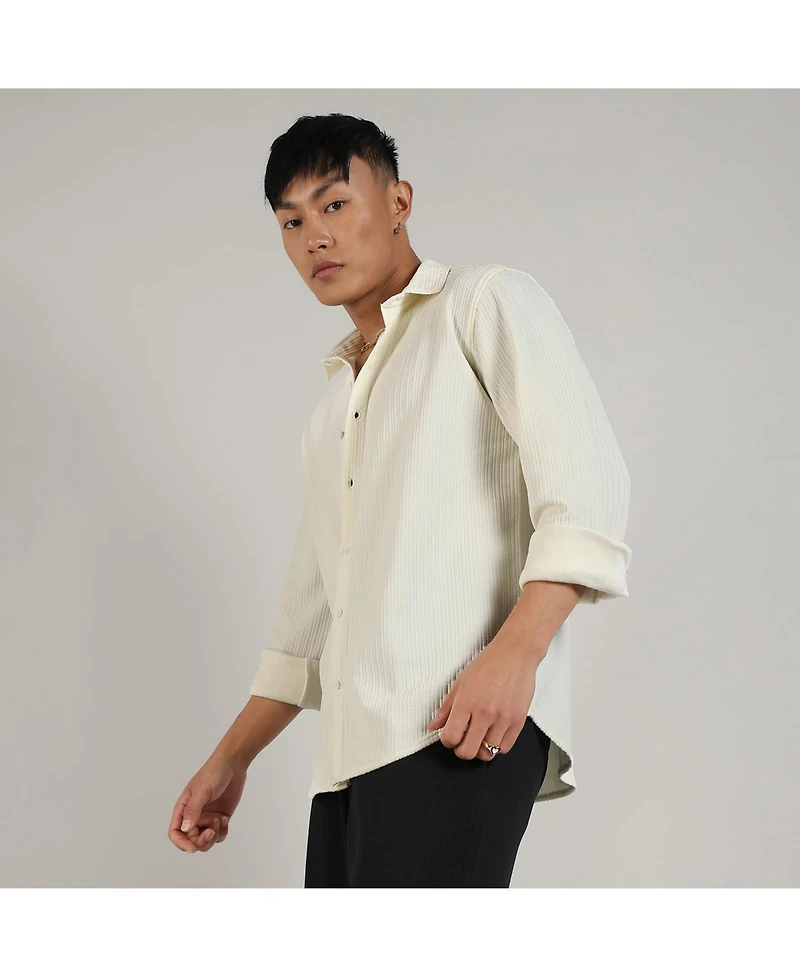 Campus Sutra Men's Pale Yellow Stripe-Creased Shirt