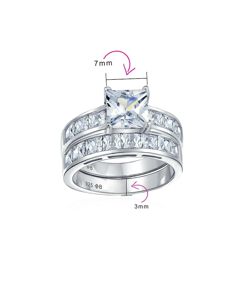 Bling Jewelry 2CT Princess Cut Solitaire Side Stone Cz Square Anniversary Band Engagement Wedding Ring Set .925 Sterling Silver