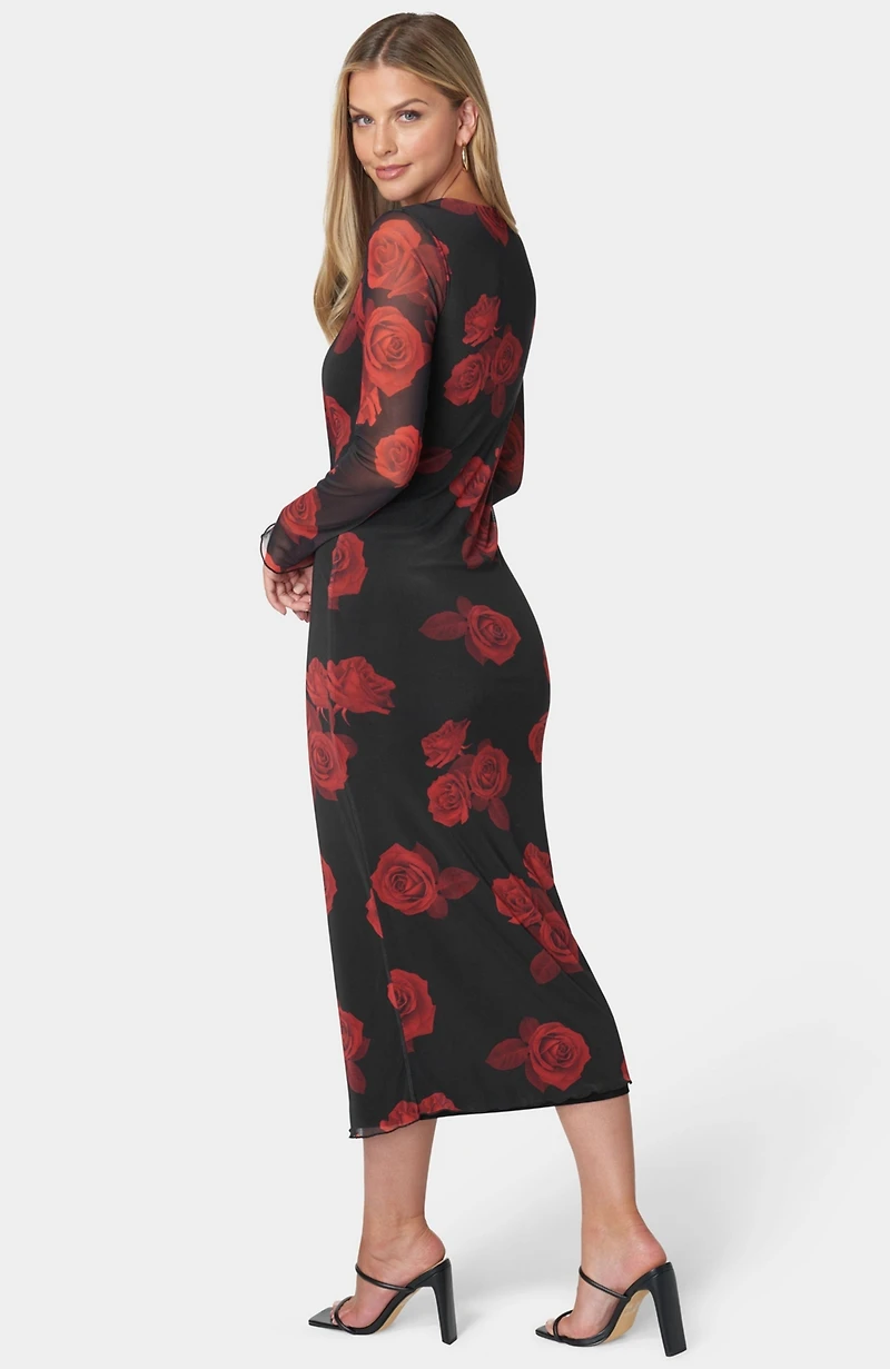 Bebe Women's Long Sleeve Printed Powermesh Maxi