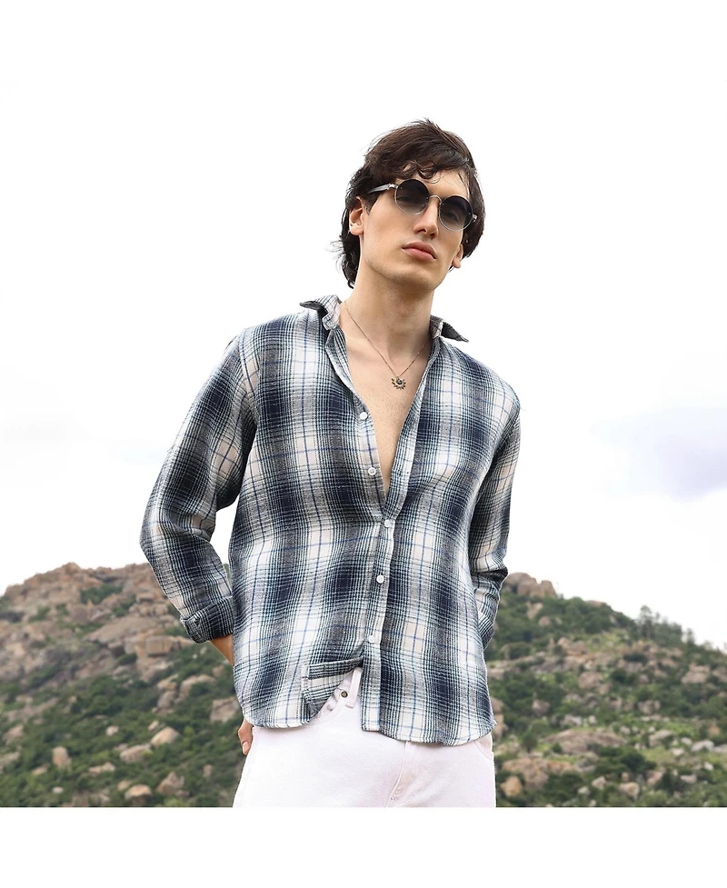 Men's Navy Blue & Ivory White Ombre Buffalo Check Shirt