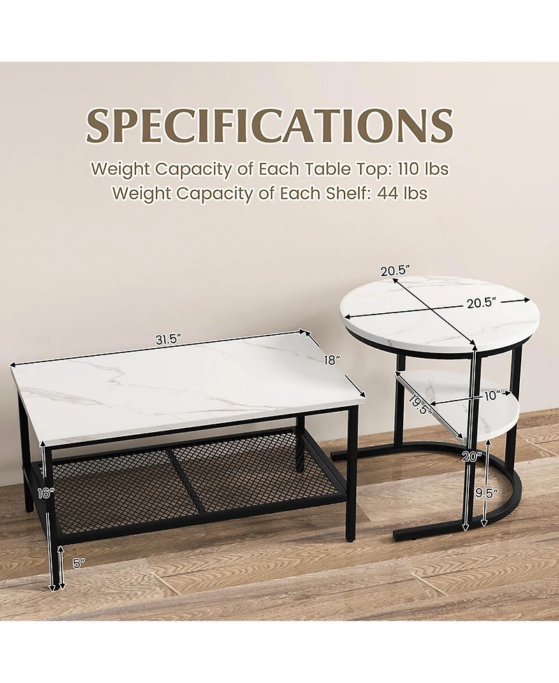 Gymax Nesting Coffee Table Set of 2 Faux Marble Top Detachable w/ Storage Shelf Gold