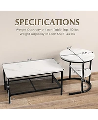 Gymax Nesting Coffee Table Set of 2 Faux Marble Top Detachable w/ Storage Shelf Gold