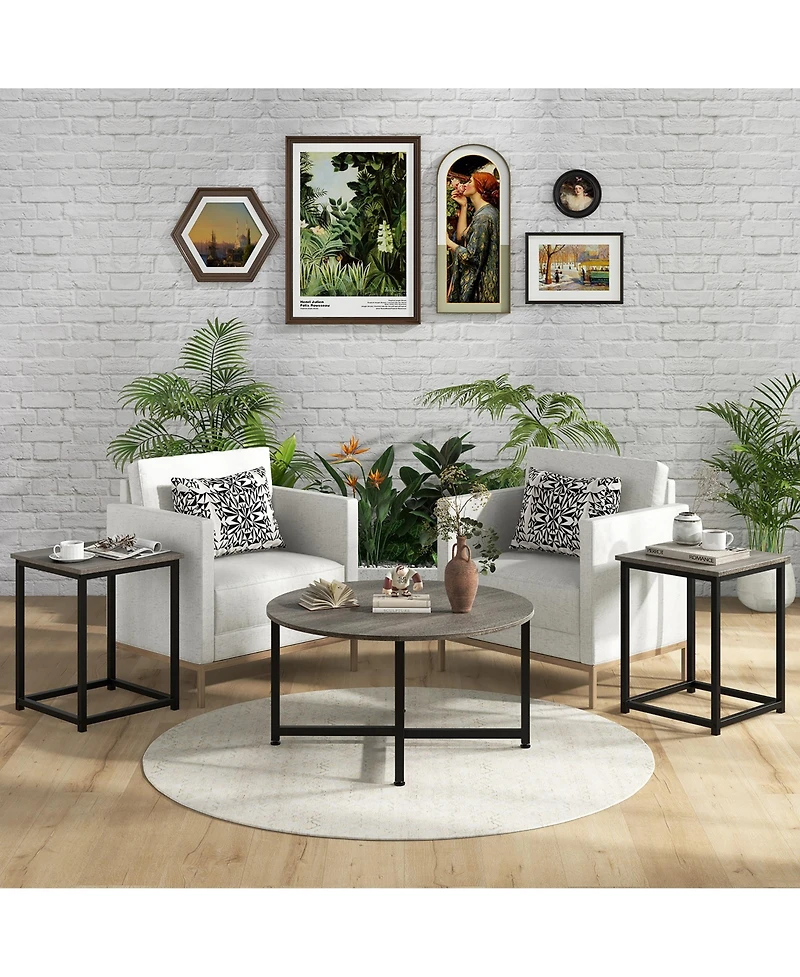 Gymax Round Nesting Table Set of 3 Coffee Table w/ 2 End Tables Sturdy Metal Frame