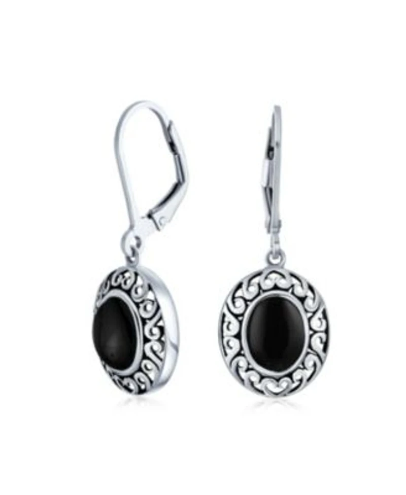 Bling Jewelry 3CTW Natural Stones Oval Bezel Set Lever Back Dangle Earrings Oxidized .925 Sterling Silver
