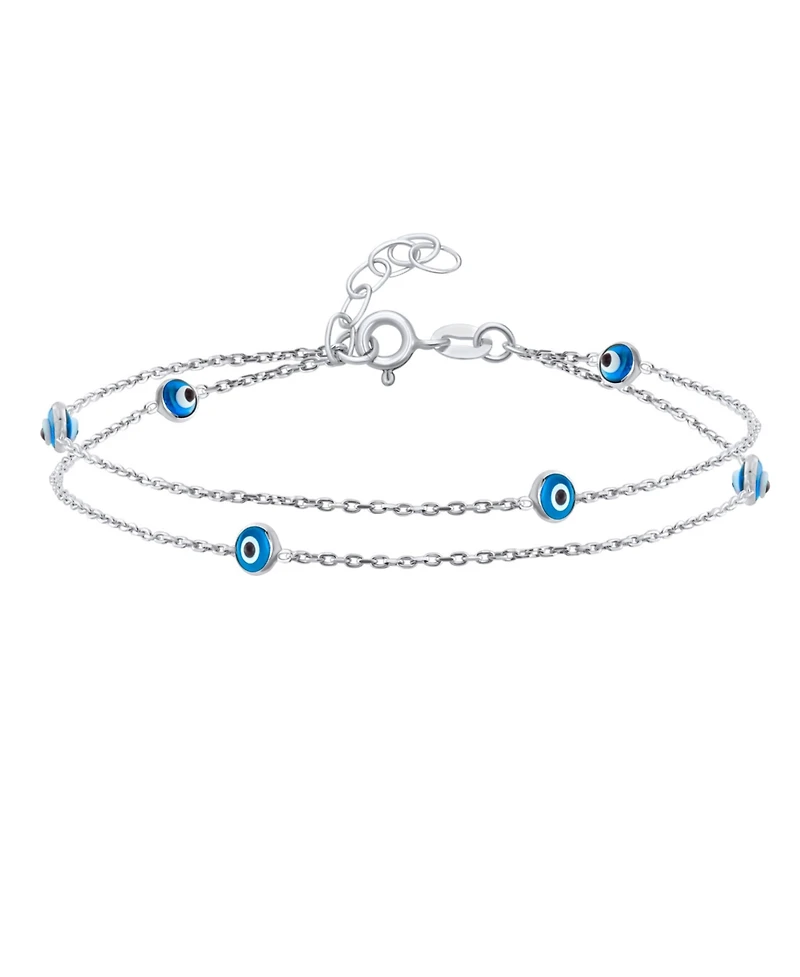 Bling Jewelry Protection Amulet Minimalist Delicate Double Row Aqua Blue Multi Color Evil Eye Anklet Ankle Bracelet .925 Sterling Silver 8.5-9.5 Inch