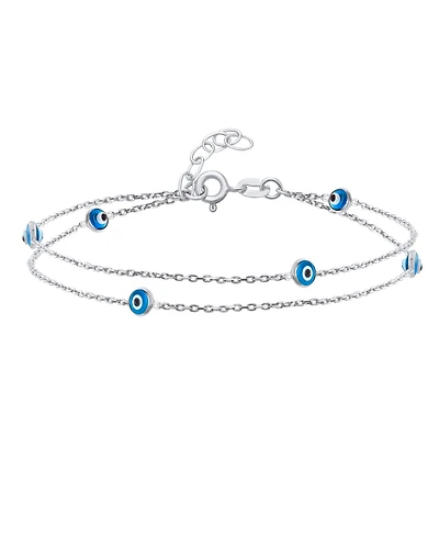 Bling Jewelry Protection Amulet Minimalist Delicate Double Row Aqua Blue Multi Color Evil Eye Anklet Ankle Bracelet .925 Sterling Silver 8.5-9.5 Inch