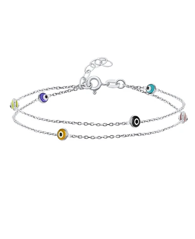 Bling Jewelry Protection Amulet Minimalist Delicate Double Row Aqua Blue Multi Color Evil Eye Anklet Ankle Bracelet .925 Sterling Silver 8.5-9.5 Inch