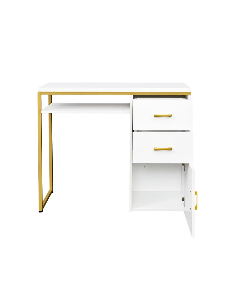 Slickblue Fch White Iron Pipe Computer Desk with 2 Drawers and 1 Door, Versatile for Multiple Scenes