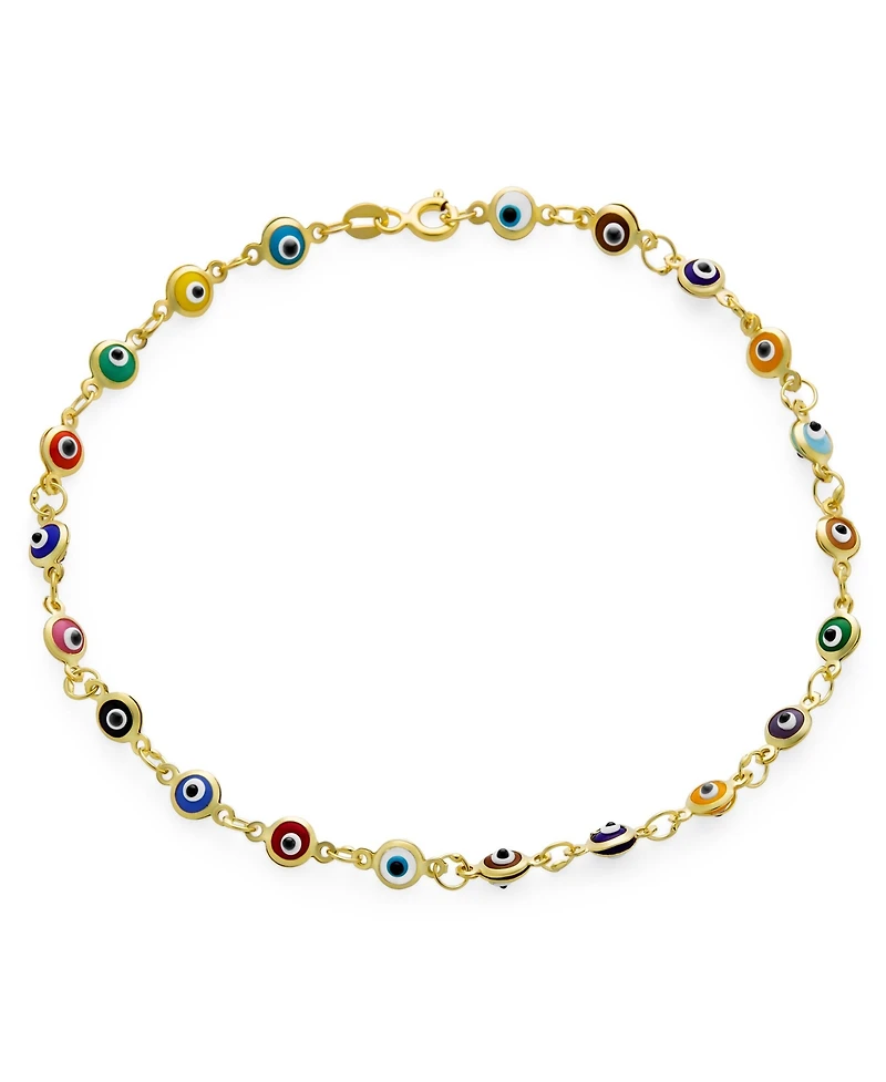 Bling Jewelry Protection Amulet Turkish Multi Color Charm Slender Evil Eyes Anklet Link Ankle Bracelet 14K Yellow Gold Plated .925 Sterling Silver 9 I