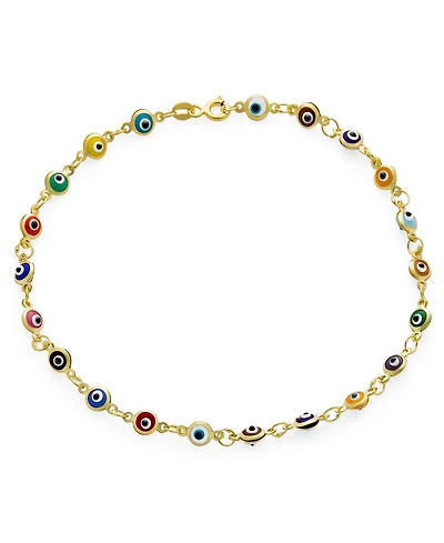 Bling Jewelry Protection Amulet Turkish Multi Color Charm Slender Evil Eyes Anklet Link Ankle Bracelet 14K Yellow Gold Plated .925 Sterling Silver 9 I
