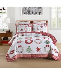 MarCielo 3 Pcs Winter Red Candy Christmas Quilt Bedspread Set Queen