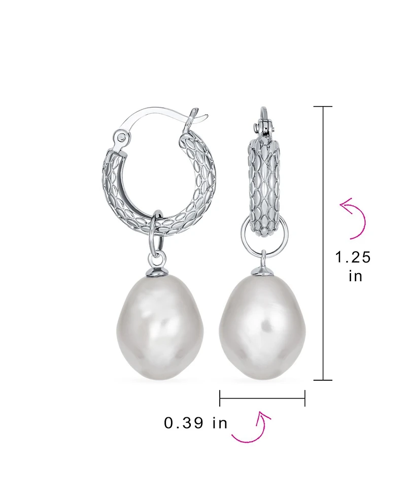 Bling Jewelry Elegant .925 Sterling Silver Simple White Freshwater Cultured Baroque Pearl Teardrop Mini Hoop Huggie Dangling Earrings 2 Ways to Wear D