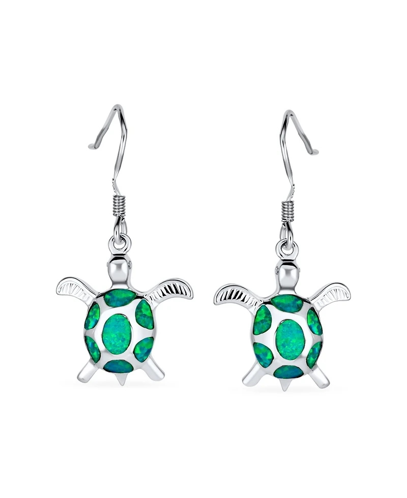 Bling Jewelry Nautical Aquatic Tropical Beach Vacation Iridescent Green Created Opal Inlay Sea Tortoise Turtle Dangle Drop Earrings .925 Sterling Silv