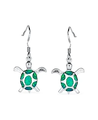 Bling Jewelry Nautical Aquatic Tropical Beach Vacation Iridescent Green Created Opal Inlay Sea Tortoise Turtle Dangle Drop Earrings .925 Sterling Silv