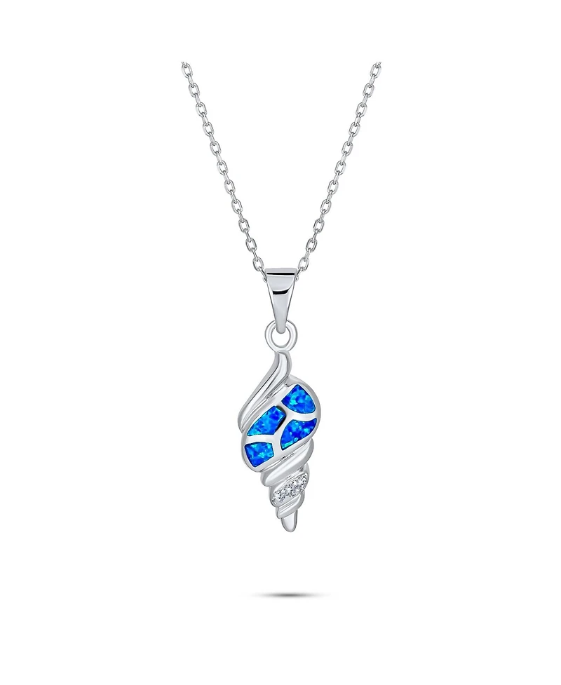 Bling Jewelry Vacation Blue Created Opal Inlay Nautical Tropical Beach Sand Conch Sea Shell Pendant Necklace .925 Sterling Silver
