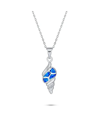 Bling Jewelry Vacation Blue Created Opal Inlay Nautical Tropical Beach Sand Conch Sea Shell Pendant Necklace .925 Sterling Silver