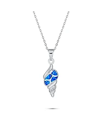 Bling Jewelry Vacation Blue Created Opal Inlay Nautical Tropical Beach Sand Conch Sea Shell Pendant Necklace .925 Sterling Silver